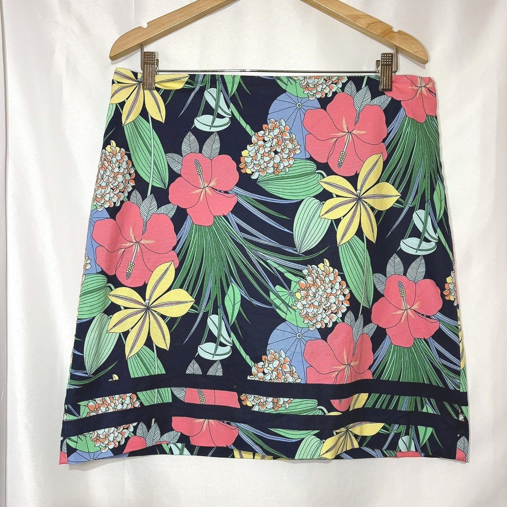 Talbots Hibiscus Print Cotton Canvas A-Line Skirt Navy Pink Yellow Size 12